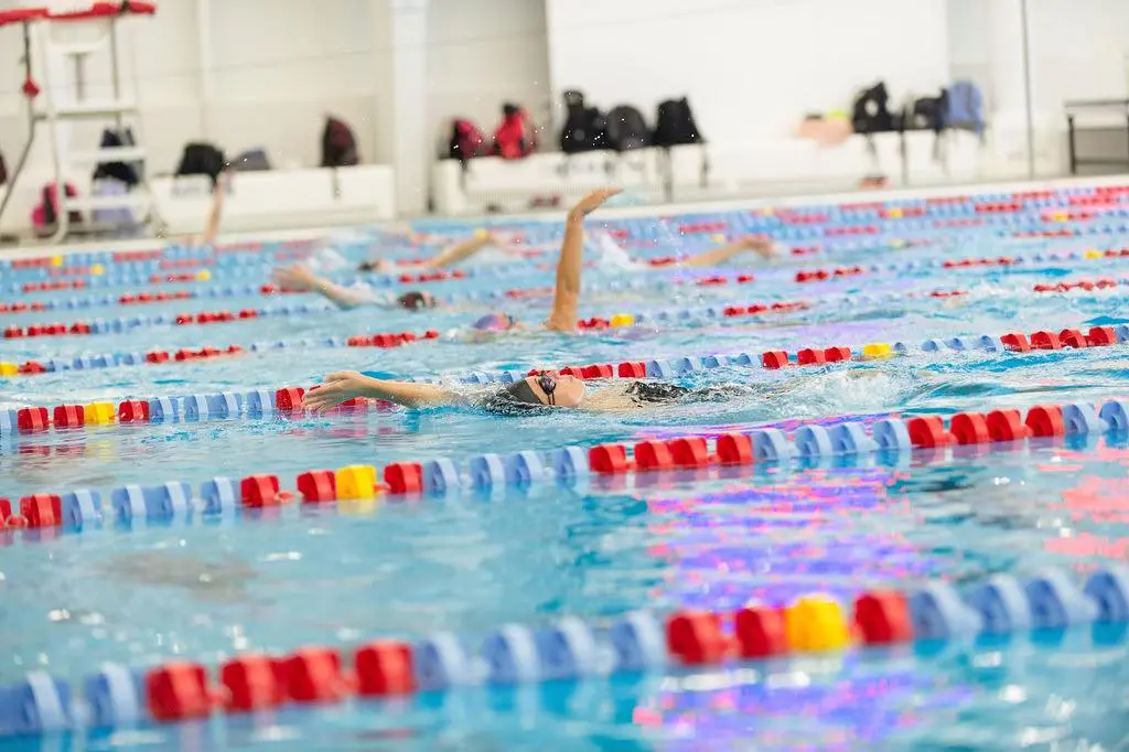 Swimmers racing in an indoor pool with colorful lane dividers.
